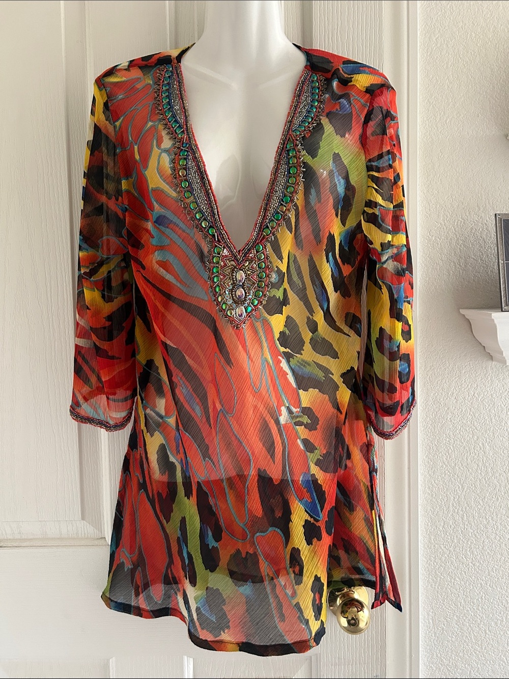 Boston Proper Multicolor Beaded V-Neck Sheer Tunic — Red, Yellow, Green, Blue
